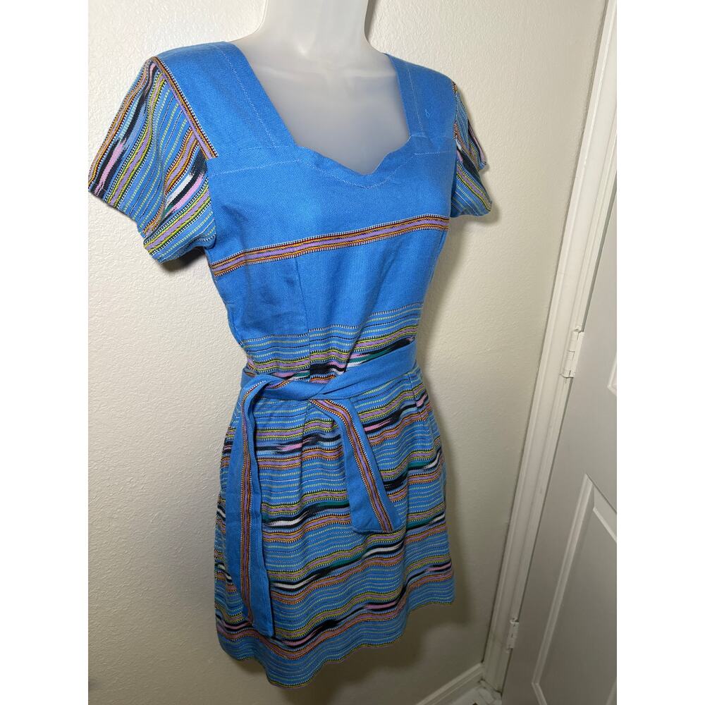 Handmade Vintage Blue Dress - Attached Belt - Size Modern Small